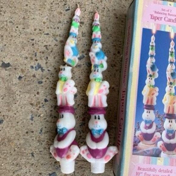 Balancing Bunnies Taper Candles Set Of 2 - 1 Broken - Picture 2 of 7